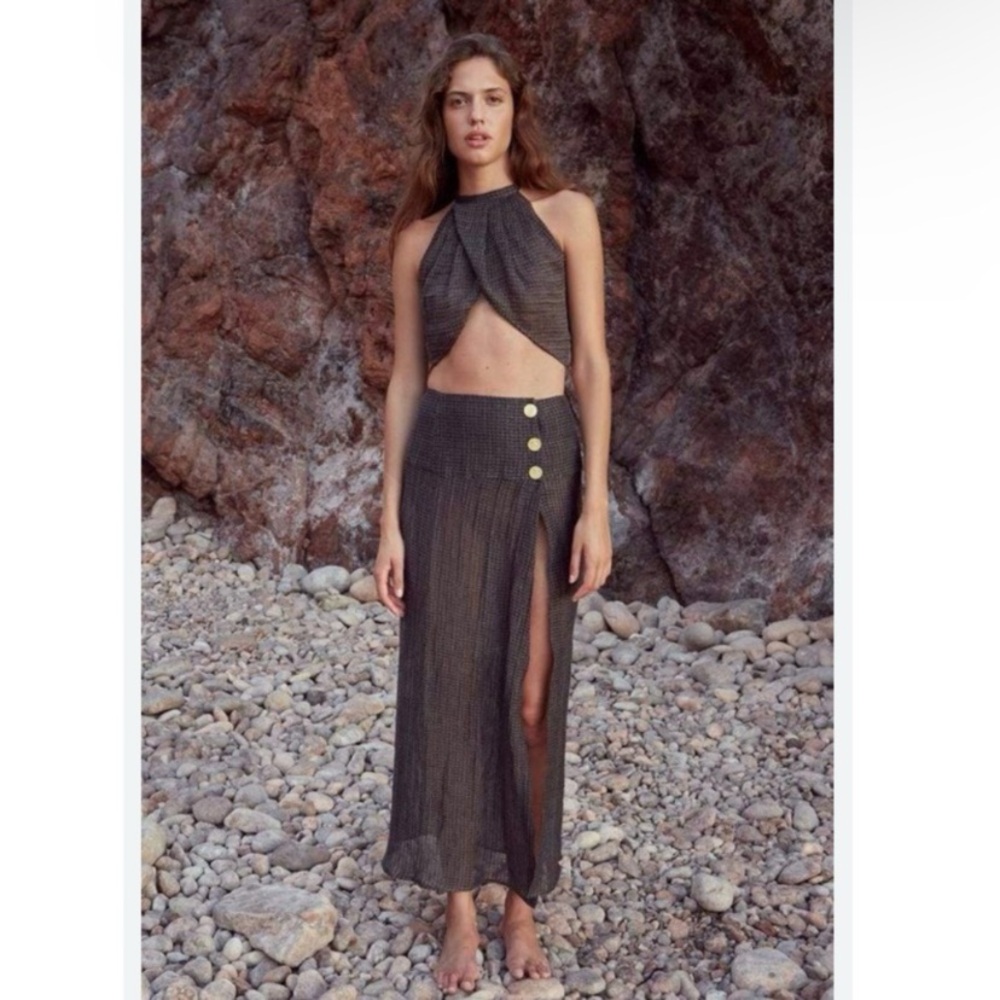 Le Kasha Haifa Organic Linen Gold Coin Button Wrap Maxi Skirt in Beige, Size L